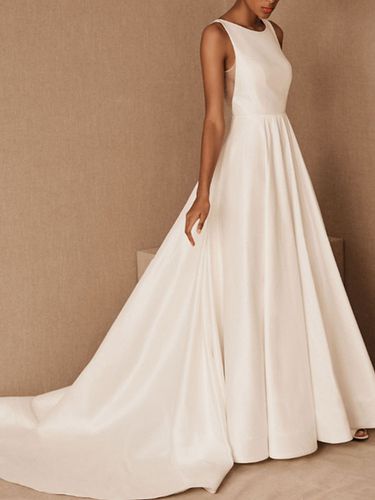 Robe de marie vintage ivoire en satin col rond dcollet trane robe de mariage - Milanoo - Modalova