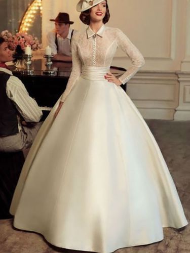 Robe de marie vintage robe mariage rtro manche longue transparente jupe en satin au sol - Milanoo - Modalova