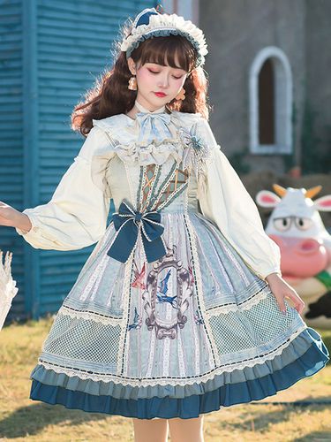 Douce Lolita JSK Robe Bleu Claire Imprim Fleurs Avec Noeud Lolita Pull Jupes - Milanoo FR - Modalova
