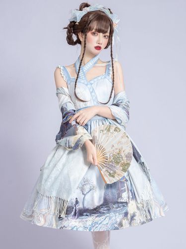 Tenues Lolita de Style chinois ensemble lger de 4 pices bleu ciel filets de dentelle arcs manches longues pull jupe bowknot tour de cou tenue Lolita - Milanoo - Modalova