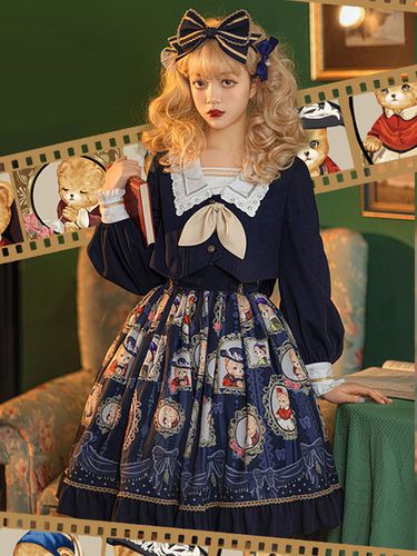 Sweet Lolita Outfits Top manches longues bleu profond Teddy Bear Print Bows Ruffles Jupe Ensemble de 2 pices - Milanoo FR - Modalova