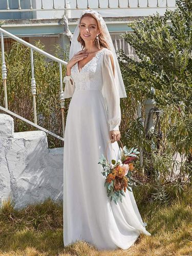 Robe de marie simple blanche A-ligne col en V manches longues taille naturelle en mousseline de soie longues robes de marie - Milanoo - Modalova