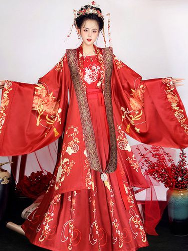 Robe de Style Chinois Vintage Classique Ensemble 3 Pices Manches Longues Floral Imprim Polyester Robe Rouge Tenue - Milanoo - Modalova