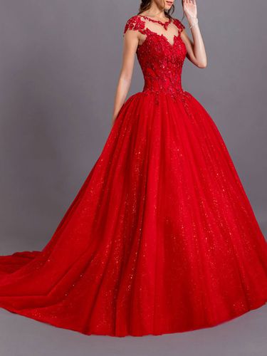 Robe de marie color rouge en dentelle col rond laage sur dos trane Robe de mariage - Milanoo - Modalova