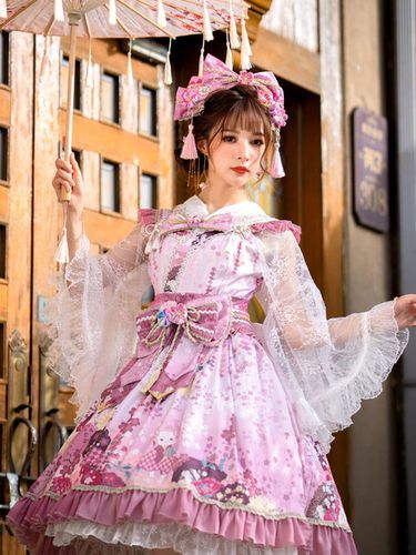 Costumes de style japonais Lolita Robes Lolita Robes Polyester Bows Imprim Floral Kimono Sans Manches Rose - Milanoo FR - Modalova