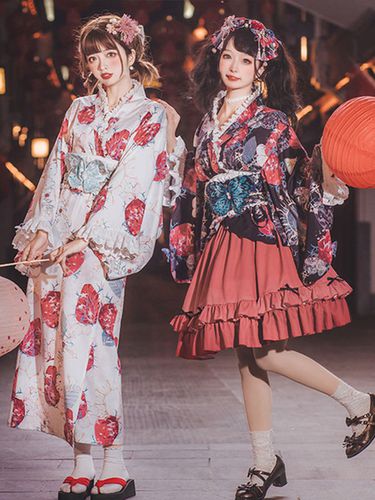 Costumes Lolita De Style Japonais Robes Lolita Polyester Volants Imprim Floral Kimono Manches Longues Blanc - Milanoo - Modalova