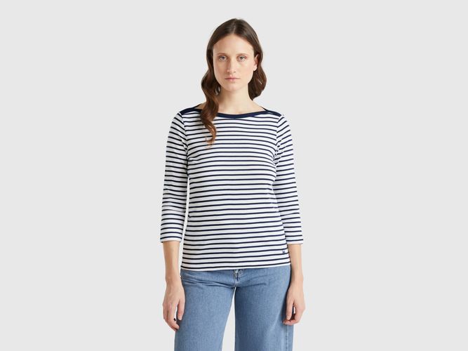 Benetton, T-shirt Rayé À Manches 3/4 En Pur Coton, taille L, Bleu - United Colors of Benetton - Modalova