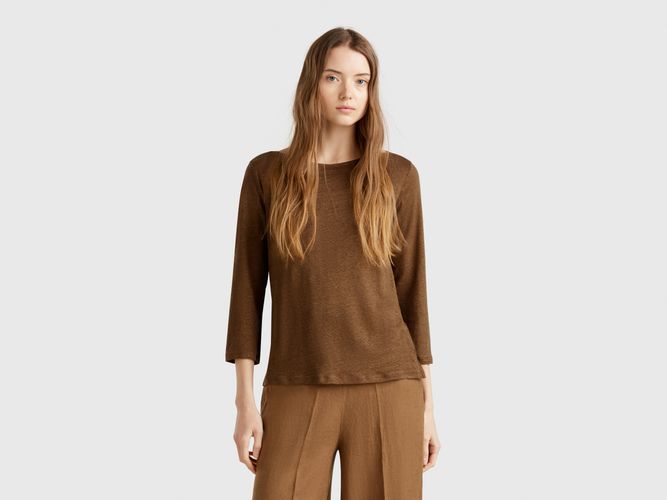 Benetton, T-shirt Manches 3/4 En Pur Lin, taille L, Marron - United Colors of Benetton - Modalova