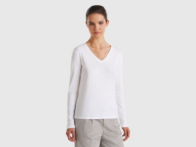 Benetton, T-shirt Manches Longues Col V, taille L, Blanc - United Colors of Benetton - Modalova