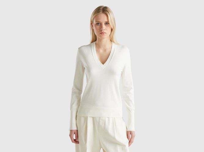 Benetton, Pull À Col En V En Viscose Mélangée, taille L, Blanc - United Colors of Benetton - Modalova