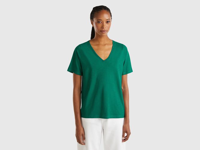 Benetton, T-shirt En Coton Flammé À Col En V, taille L, Vert Foncé - United Colors of Benetton - Modalova