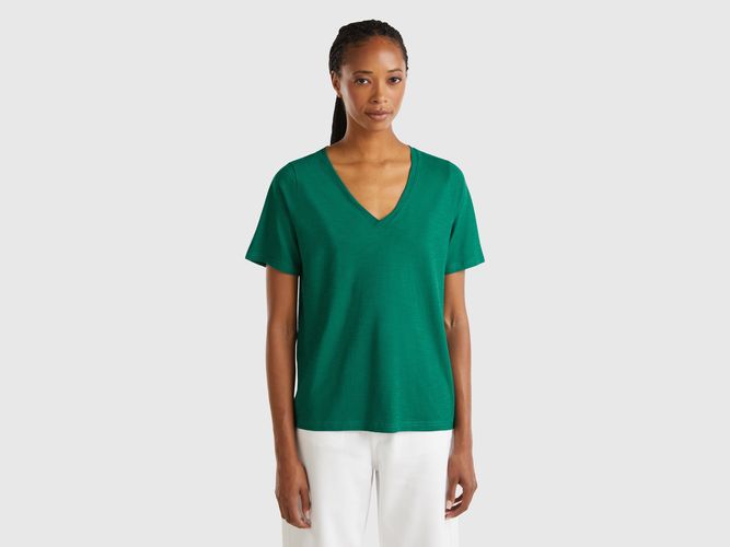 Benetton, T-shirt En Coton Flammé À Col En V, taille S, Vert Foncé - United Colors of Benetton - Modalova