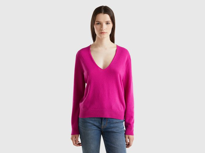 Benetton, Pull Col En V Fuchsia En Pure Laine Mérinos, taille L, - United Colors of Benetton - Modalova