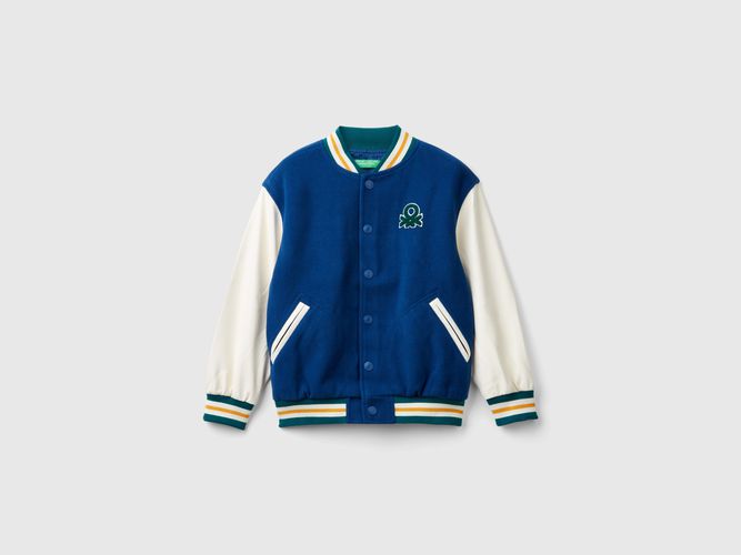 Benetton, Bomber In Misto Lana Con Ricamo Sul Retro, taglia 3XL, Blu, Bambini - United Colors of Benetton - Modalova