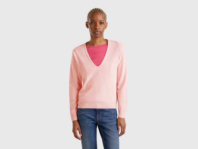 Benetton, Pull Col V Rose Poudré En Pure Laine Mérinos, Taille: L, Rose Pâle - United Colors of Benetton - Modalova