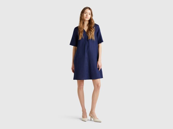 Benetton, Robe À Manches Courtes En Pur Lin, taille L, Bleu Foncé - United Colors of Benetton - Modalova