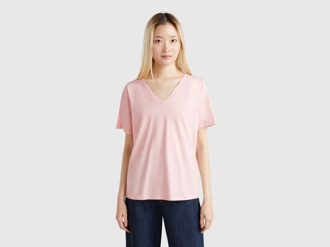 Benetton, T-shirt À Col En V En Coton Flammé, taille L, Rose Pâle - United Colors of Benetton - Modalova