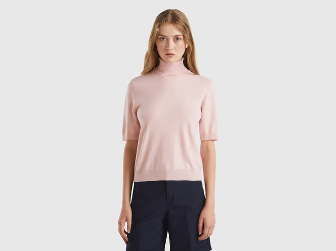 Benetton, Pull Col Montant Rose Pastel À Manches Courtes En Cachemire Mélangé, taille L, Rose Pastel - United Colors of Benetton - Modalova