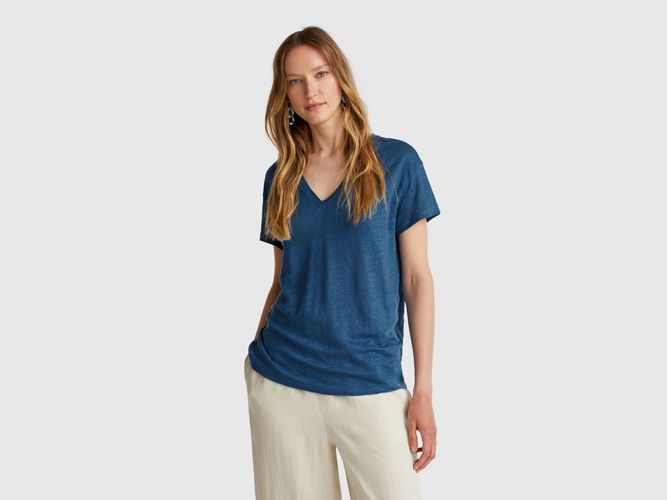 Benetton, T-shirt Col V En Pur Lin, taille S, Bleu Horizon - United Colors of Benetton - Modalova