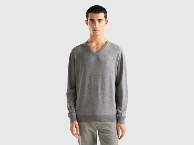 Benetton, Pull Léger À Col En V En Coton Mélangé, taille XXL, Gris Foncé - United Colors of Benetton - Modalova