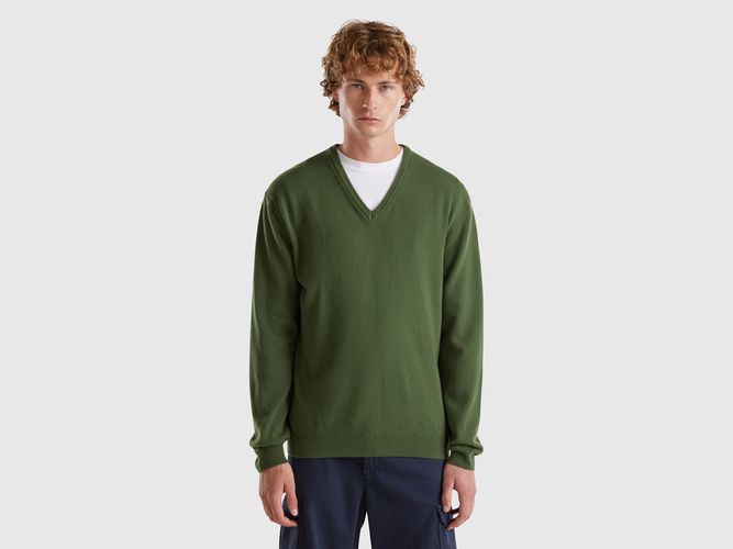 Benetton, Pull Col En V Vert Olive En Pure Laine Mérinos, taille L - United Colors of Benetton - Modalova