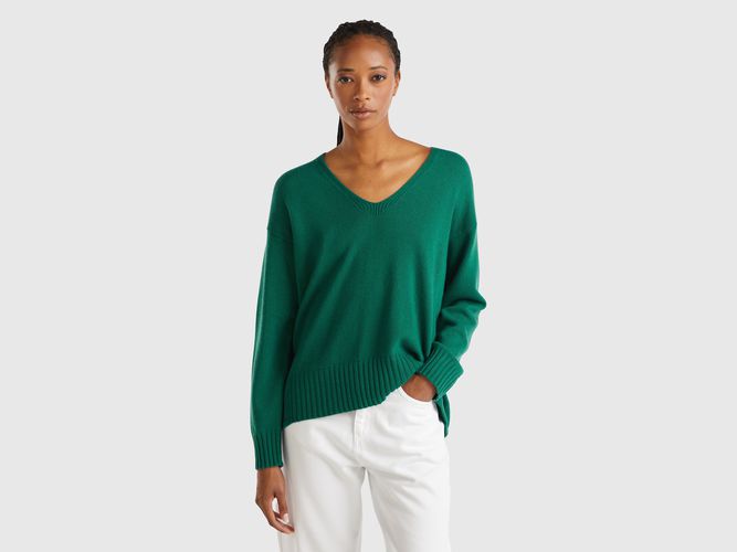 Benetton, Pull À Col En V En Laine Mélangée, taille L, Vert Foncé - United Colors of Benetton - Modalova