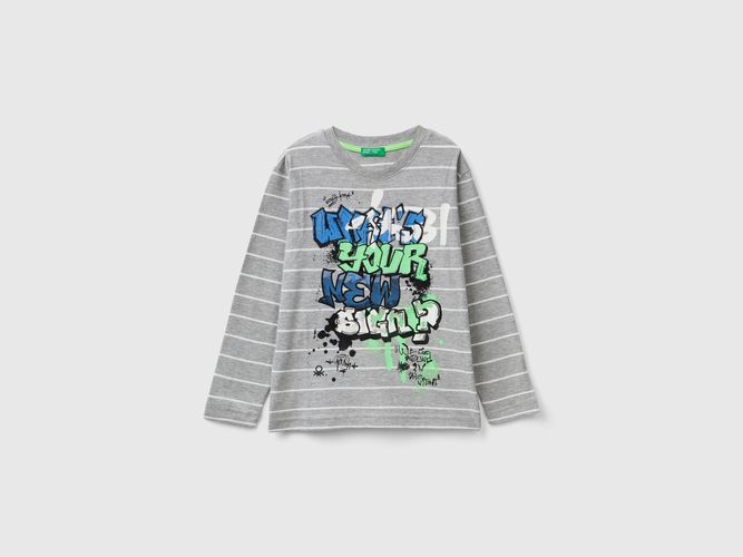 Benetton, T-shirt A Righe Con Slogan, taglia L, Grigio Chiaro, Bambini - United Colors of Benetton - Modalova