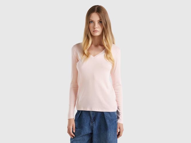 Benetton, T-shirt À Manches Longues Avec Col En V, taille L, Rose Pastel - United Colors of Benetton - Modalova