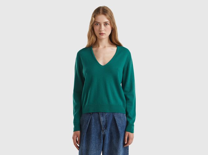 Benetton, Pull Col En V Vert Forêt En Pure Laine Mérinos, taille L, Vert Foncé - United Colors of Benetton - Modalova