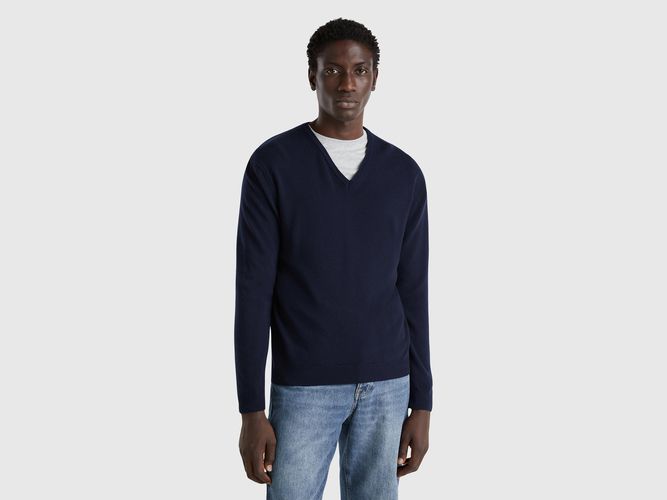 Benetton, Pull Bleu Foncé Col En V En Pure Laine Mérinos, taille XXL, Bleu Foncé - United Colors of Benetton - Modalova