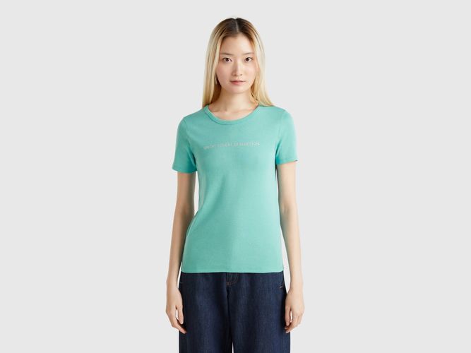 Benetton, T-shirt 100 % Coton À Imprimé Logo Pailleté, taille L, Bleu Vert - United Colors of Benetton - Modalova