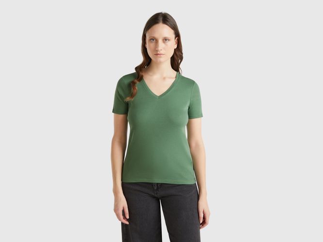 Benetton, T-shirt Vert Forêt En Pur Coton À Col En V, taille L, Vert Foncé - United Colors of Benetton - Modalova