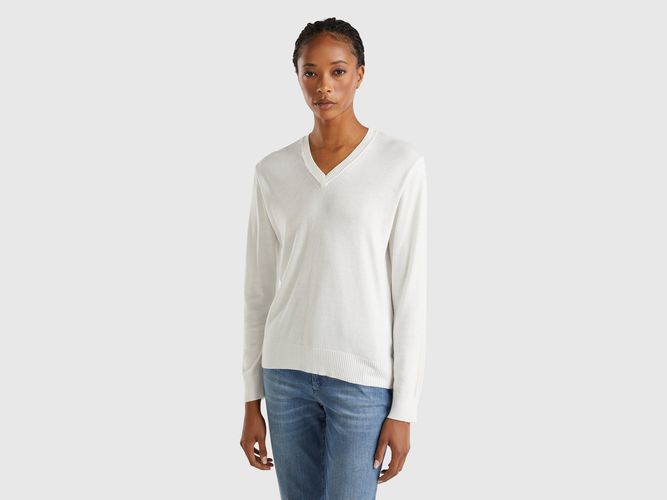 Benetton, Pull À Col En V En Modal Mélangé, taille L, Crème - United Colors of Benetton - Modalova