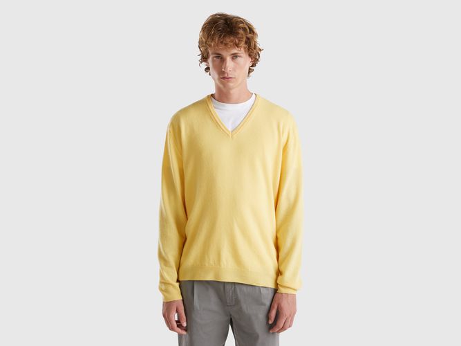 Benetton, Pull Col En V Jaune En Pure Laine Mérinos, taille L, Jaune - United Colors of Benetton - Modalova