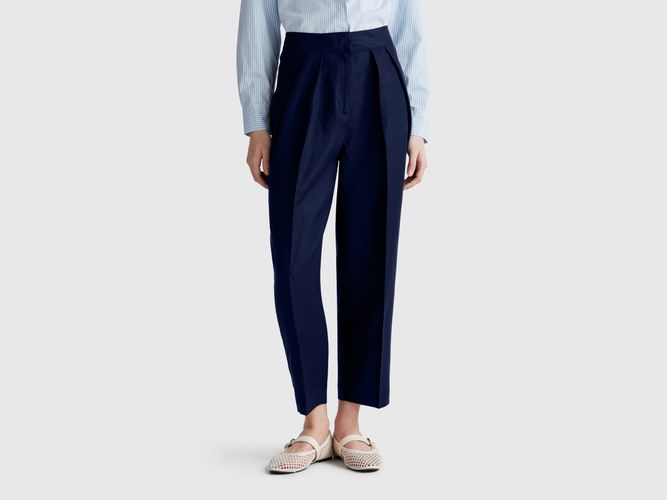 Benetton, Pantalon Large En Lin Mélangé, taille, Bleu Foncé - United Colors of Benetton - Modalova