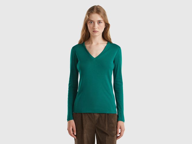 Benetton, T-shirt À Manches Longues Avec Col En V, taille L, Vert Foncé - United Colors of Benetton - Modalova