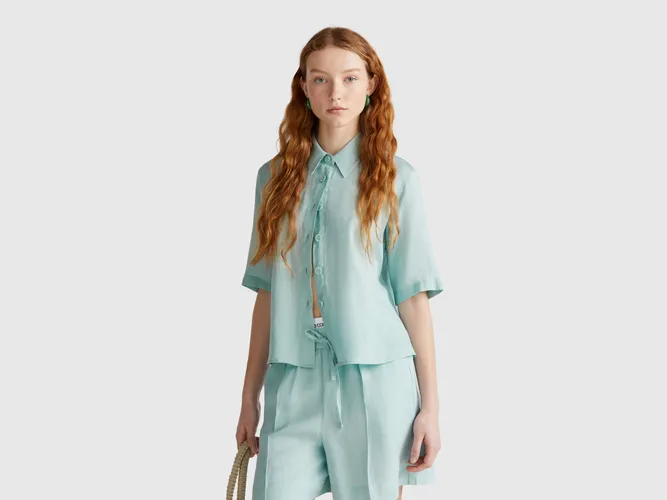 Benetton, Chemise Courte En Pur Lin, taille L, Bleu Vert - United Colors of Benetton - Modalova