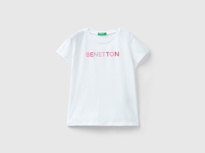 Benetton, T-shirt Con Logo Glitter In Cotone Bio, taglia S, Bianco, Bambini - United Colors of Benetton - Modalova