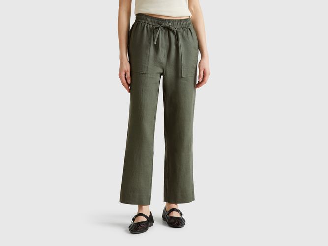 Benetton, Pantalon Pur Lin Avec Élastique, taille XS, Kaki - United Colors of Benetton - Modalova