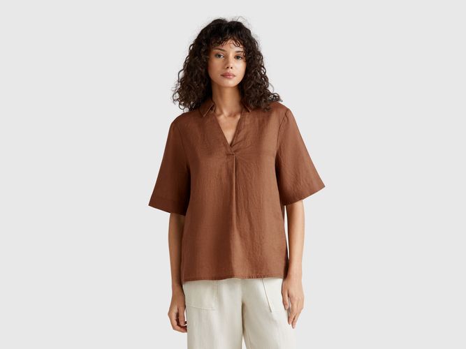 Benetton, Blouse À Manches Courtes En Pur Lin, taille L, Marron - United Colors of Benetton - Modalova