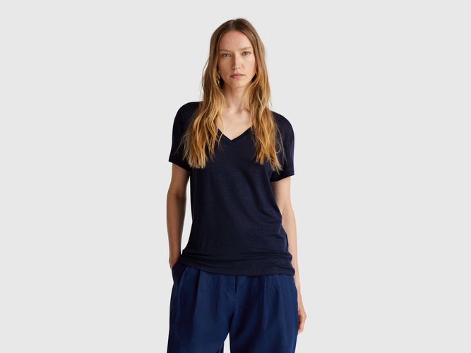 Benetton, T-shirt Col V En Pur Lin, taille M, Bleu Foncé - United Colors of Benetton - Modalova