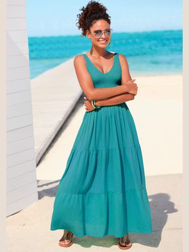 Robe longue haut smocké avec encolure en v - Beachtime - Modalova