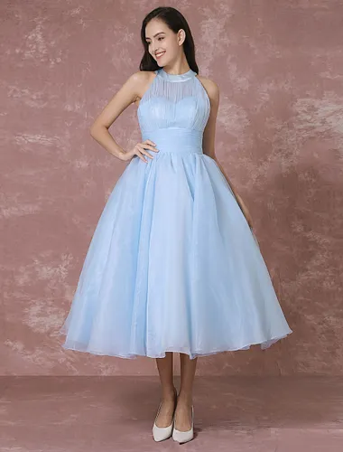 Robe de Mariée Vintage Courte en Tulle robe de mariée bleu dos nu robe de Cocktail longueur mollet robe de fête Milanoo - milanoo.com - Modalova