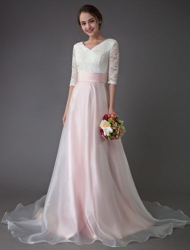 Robes de mariée rose manches demi-cou v plisse une ligne robe de mariée avec train - milanoo.com - Modalova