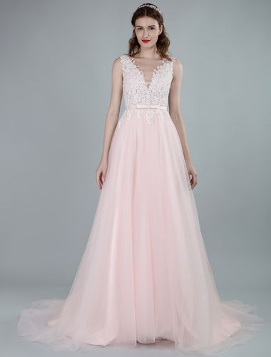 Robes de mariée une ligne sans manches arcs v cou robes de mariée avec train train - milanoo.com - Modalova