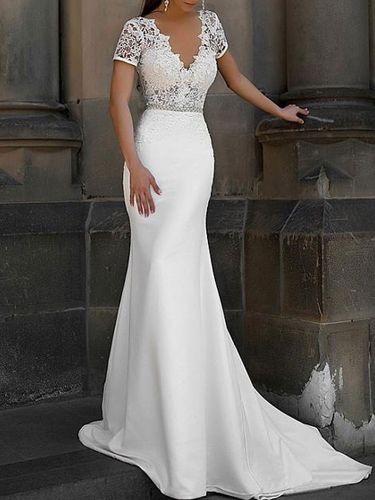Robe de mariée sirène col V manche courte décoré des boutons sur dos à traîne - milanoo.com - Modalova