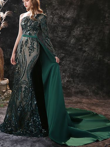 Robe de soirée verte foncé en dentelle à une épaule paillete à zip latéral à traîne robe de cérémonie - milanoo.com - Modalova