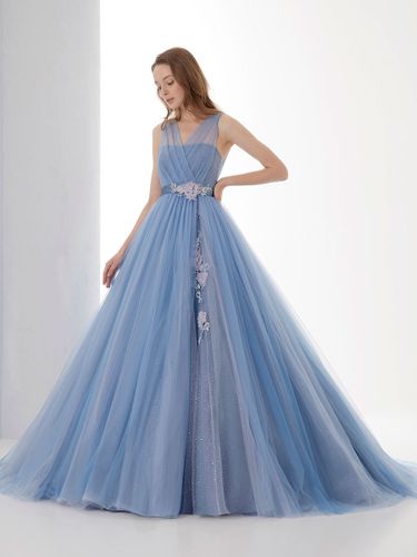 Robe de mariée bleue avec train bustier sans manches à lacets taille naturelle longue dentelle tulle polyester une ligne robes de mariée - milanoo.com - Modalova