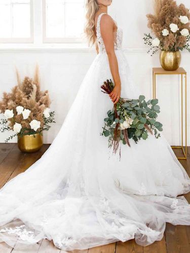Robe de mariée simple robe de mariage col V dos nu en dentelle à traîne - milanoo.com - Modalova