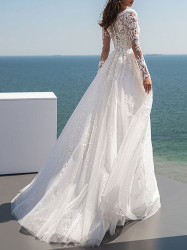 Robe de mariée simple robe mariage col V manche longue à traîne - milanoo.com - Modalova
